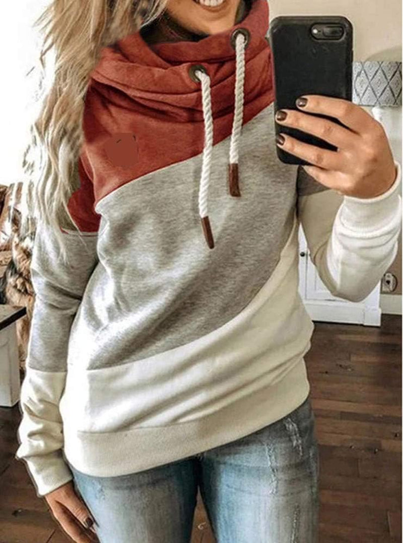 Lightweight Pullover Hoodie Sweatshirt for Women Fall Cowl Neck Color Block Hoodie Sweat Shirt Tops plus Size