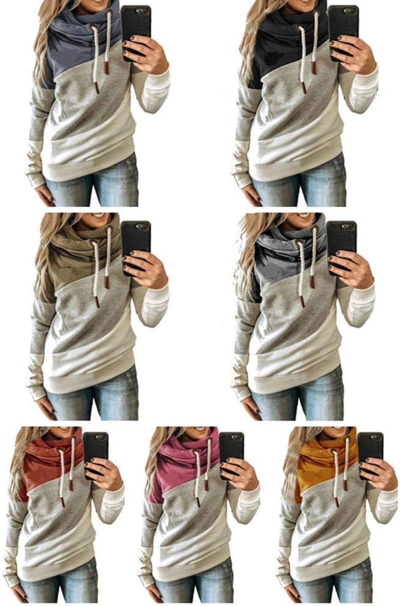 Lightweight Pullover Hoodie Sweatshirt for Women Fall Cowl Neck Color Block Hoodie Sweat Shirt Tops plus Size