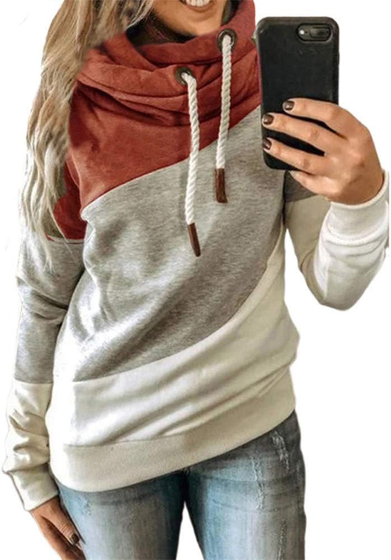 Lightweight Pullover Hoodie Sweatshirt for Women Fall Cowl Neck Color Block Hoodie Sweat Shirt Tops plus Size